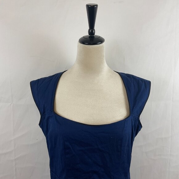 Lindy Bop Fit & Flare Dress US L Navy Blue Black Trim Pleated Sleeveless Bow - Picture 2 of 13